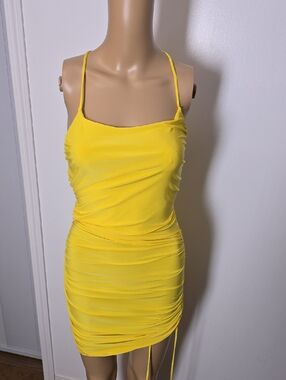 Yellow Ruched Spaghetti-Strap Dress - XS